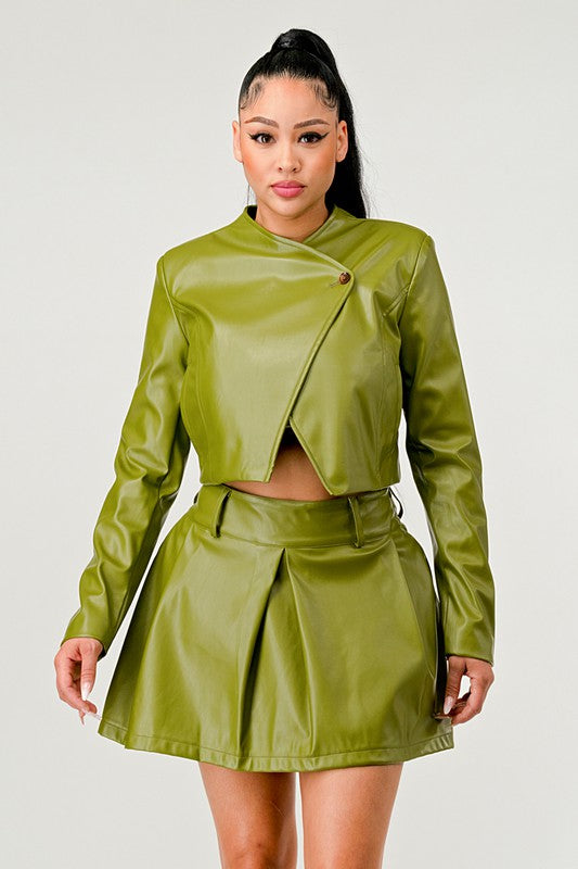 Stacey B's Button Up Pu Leather jacket and Skirt Set
