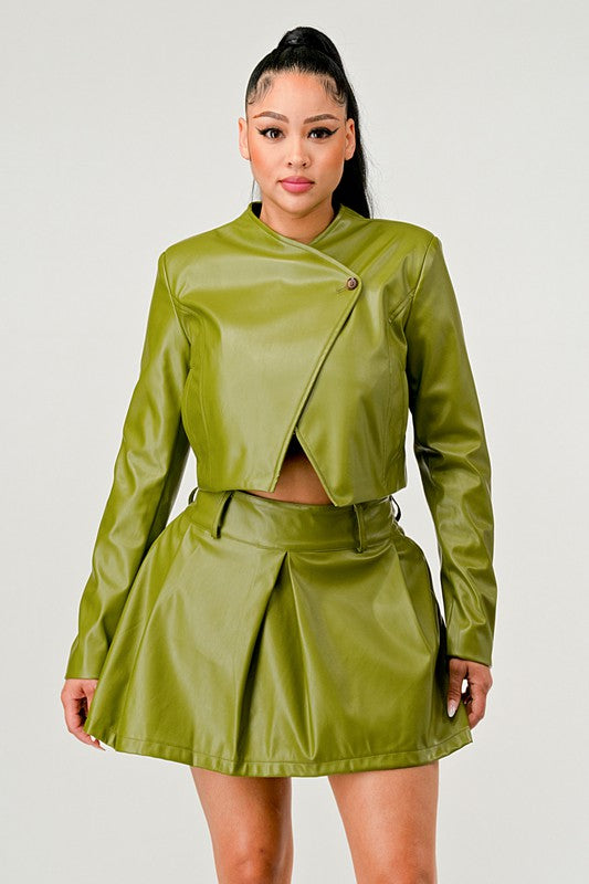 Stacey B's Button Up Pu Leather jacket and Skirt Set