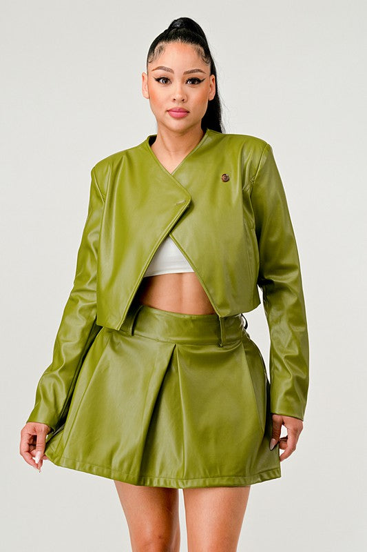 Stacey B's Button Up Pu Leather jacket and Skirt Set