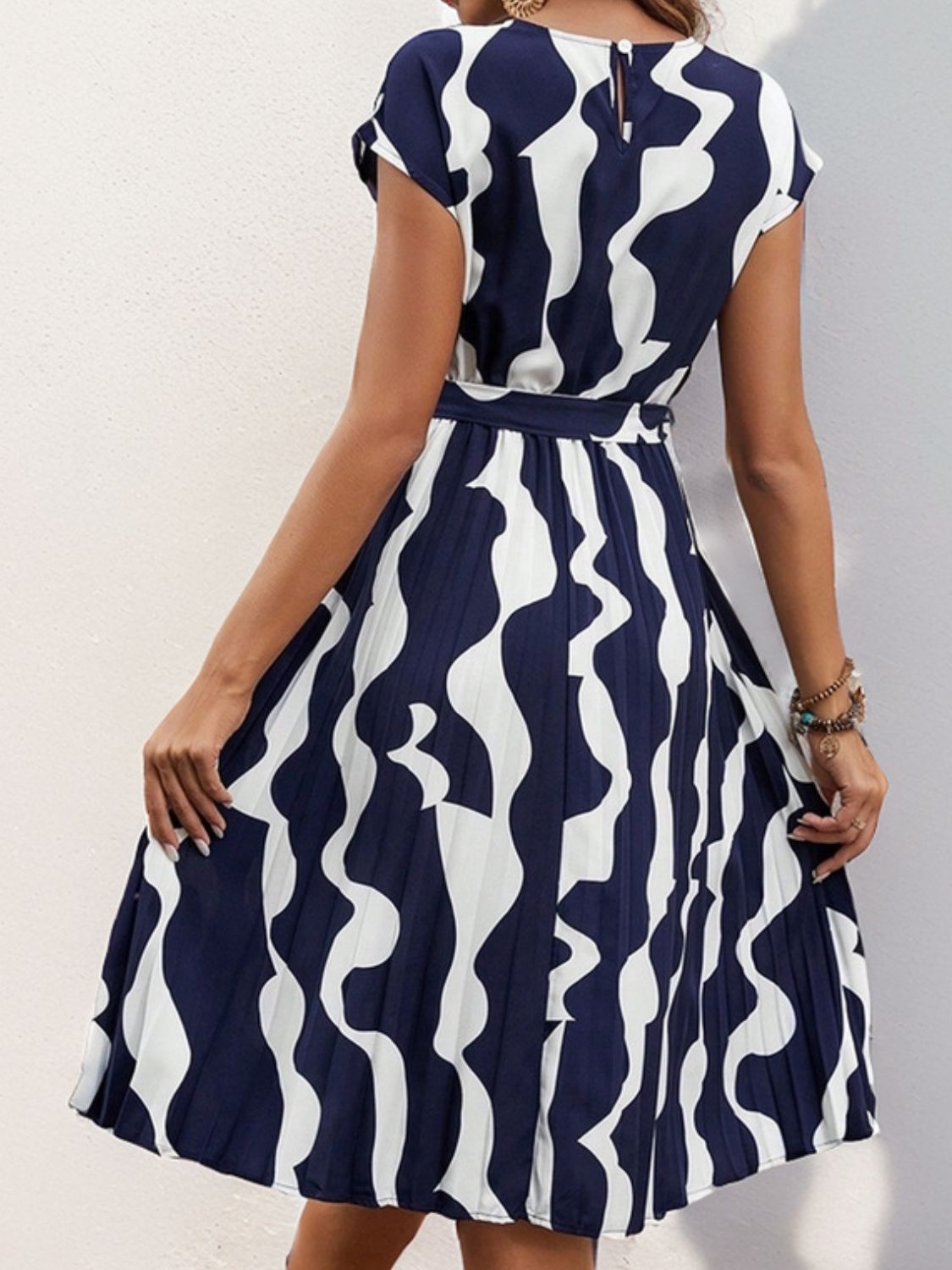 Stacey B's Tied Pleated Printed Cap Sleeve Dress