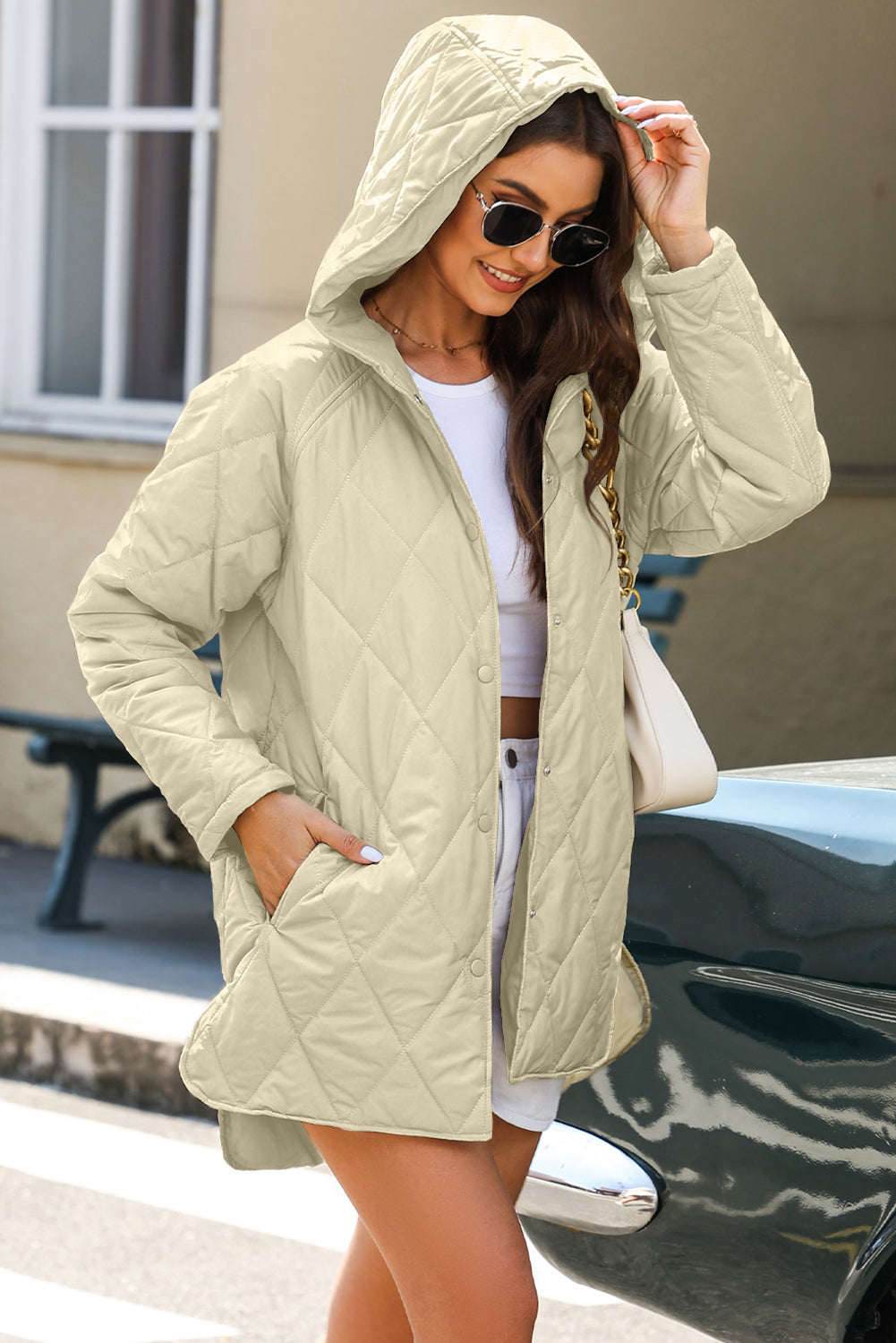 Stacey B's Beige Quilted Snap Button Hooded Coat