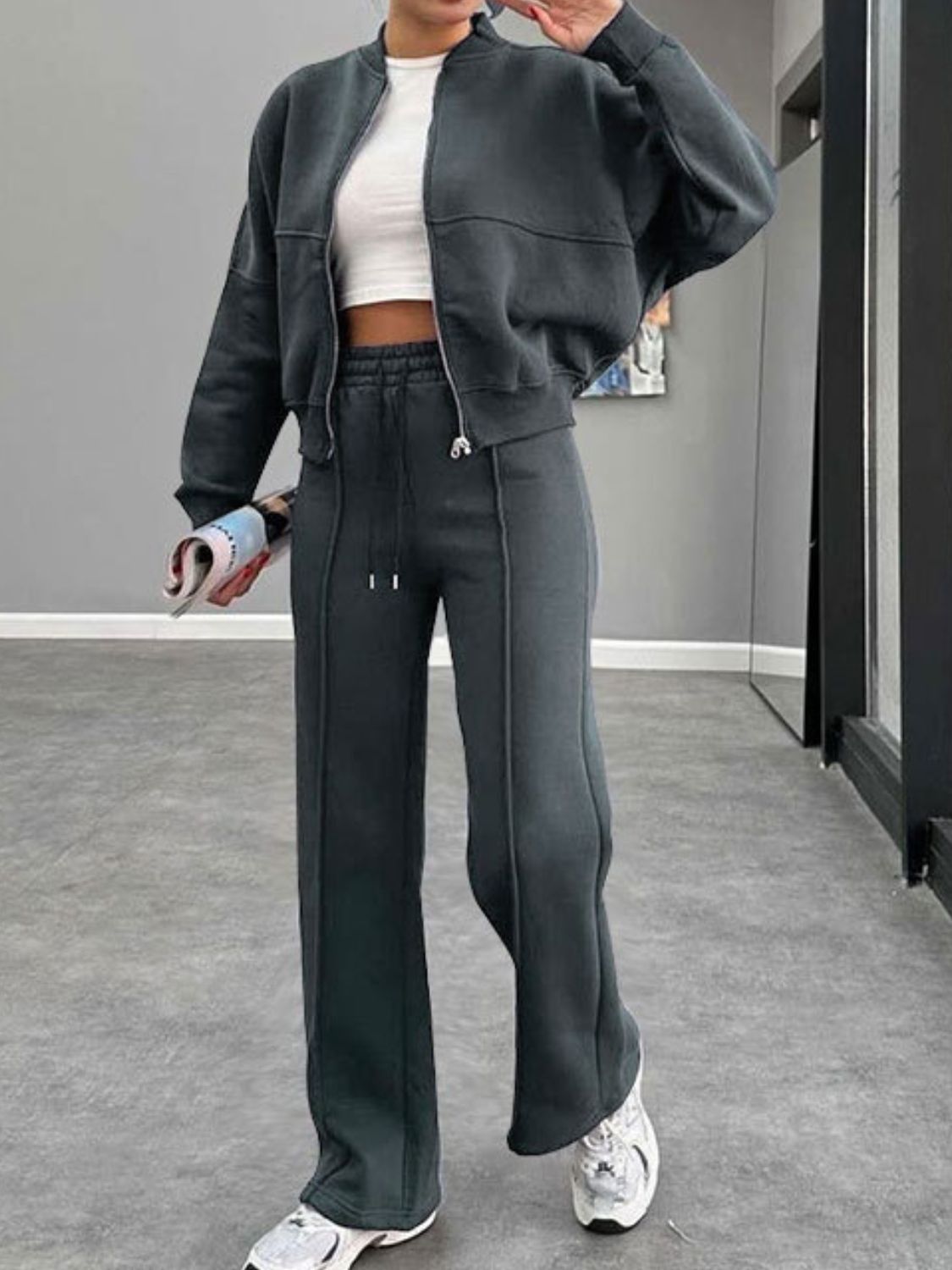 Stacey B's Baseball Collar Zip Up Outerwear and Drawstring Pants Set