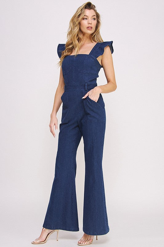 Stacey B's Denim Ruffle Flare Leg Jumpsuit