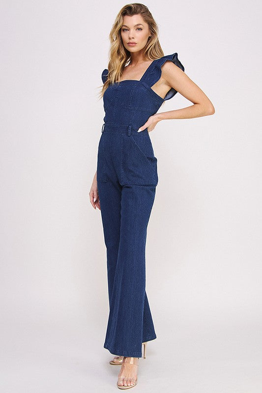 Stacey B's Denim Ruffle Flare Leg Jumpsuit