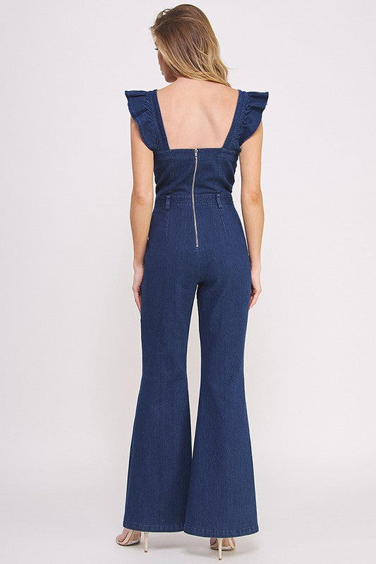 Stacey B's Denim Ruffle Flare Leg Jumpsuit