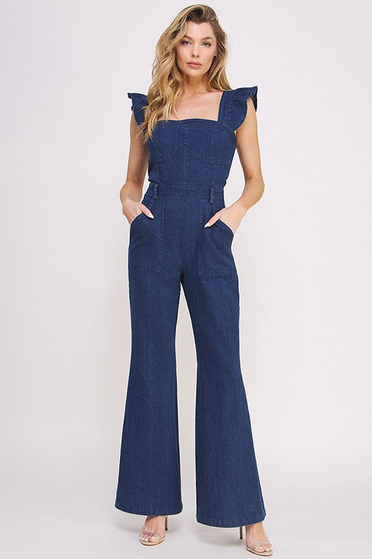 Stacey B's Denim Ruffle Flare Leg Jumpsuit