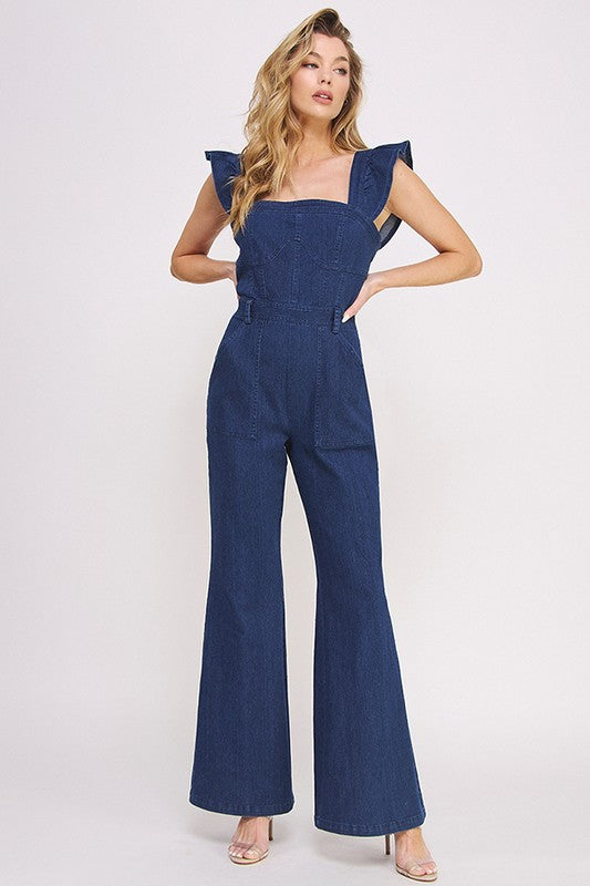 Stacey B's Denim Ruffle Flare Leg Jumpsuit