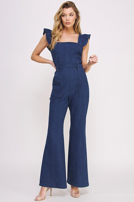 Stacey B's Denim Ruffle Flare Leg Jumpsuit