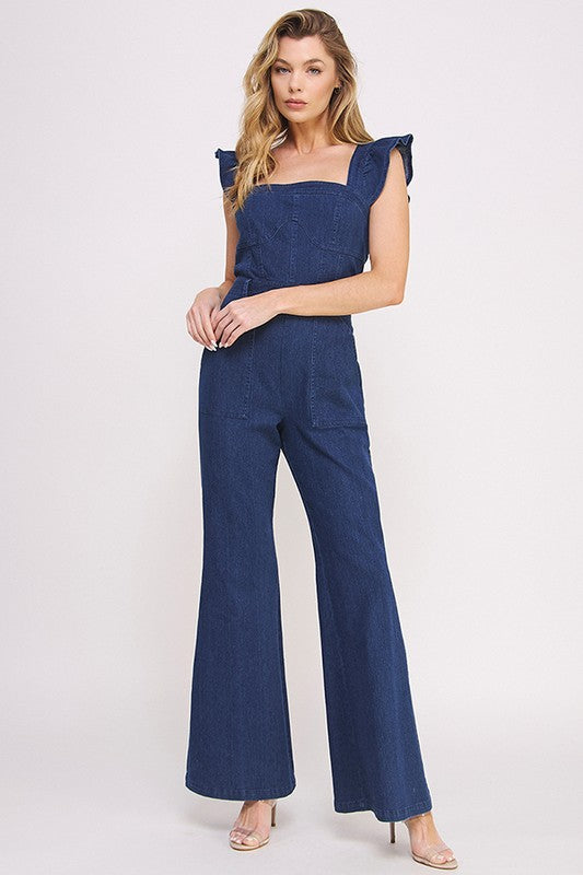 Stacey B's Denim Ruffle Flare Leg Jumpsuit