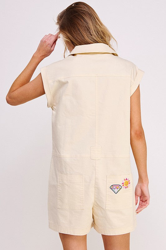 Stacey B's Cotton Twill Utility Romper W/ Patchwork Detail