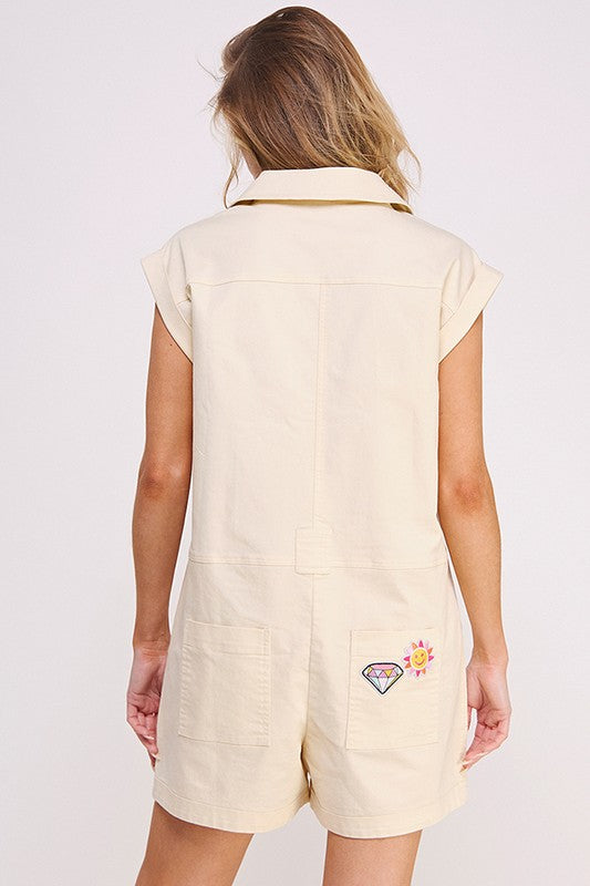 Stacey B's Cotton Twill Utility Romper W/ Patchwork Detail