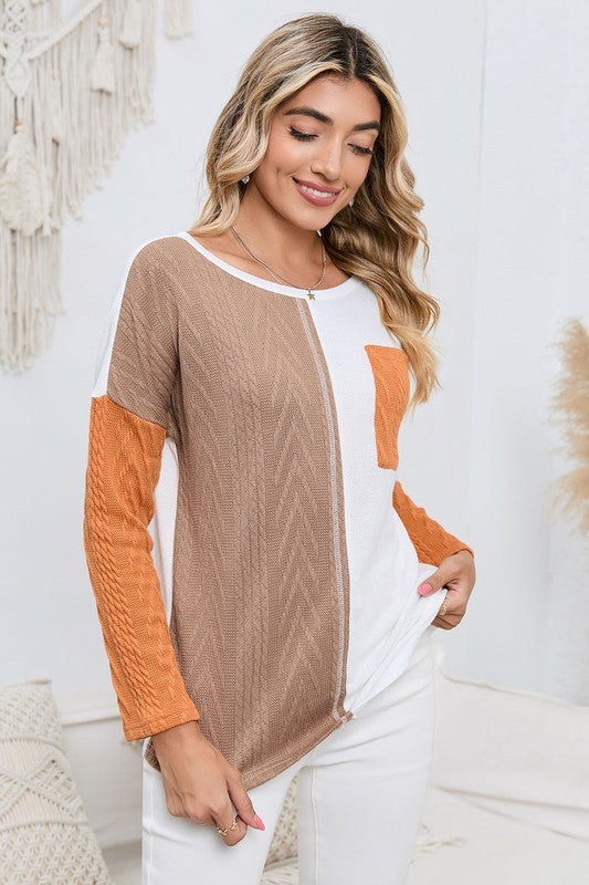 Stacey B's Cable knit color block round neck sweater