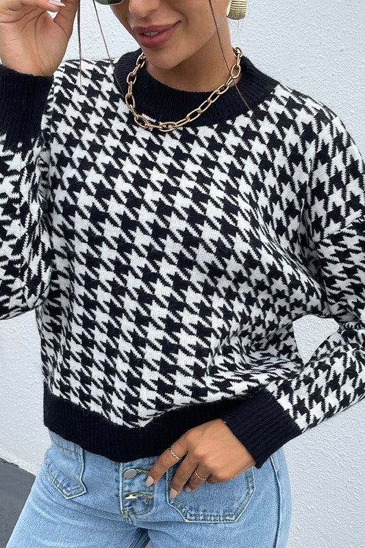 Stacey B's Black Houndstooth Pattern Drop Shoulder Sweater