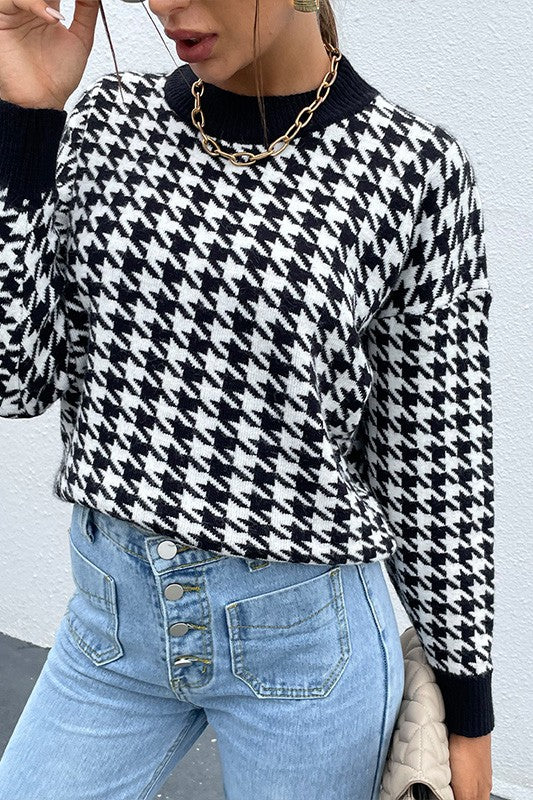 Stacey B's Black Houndstooth Pattern Drop Shoulder Sweater