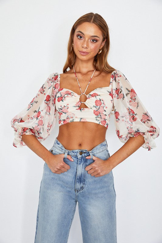 Stacey B's Chiffon Balloon Sleeved Bustier Crop Top