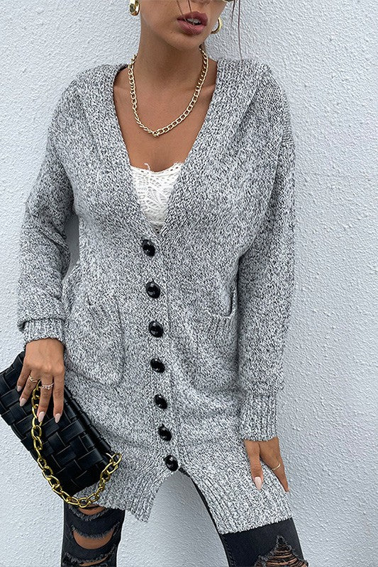 Stacey B's Long Gray Knit Dual Pocket Hooded Cardigan