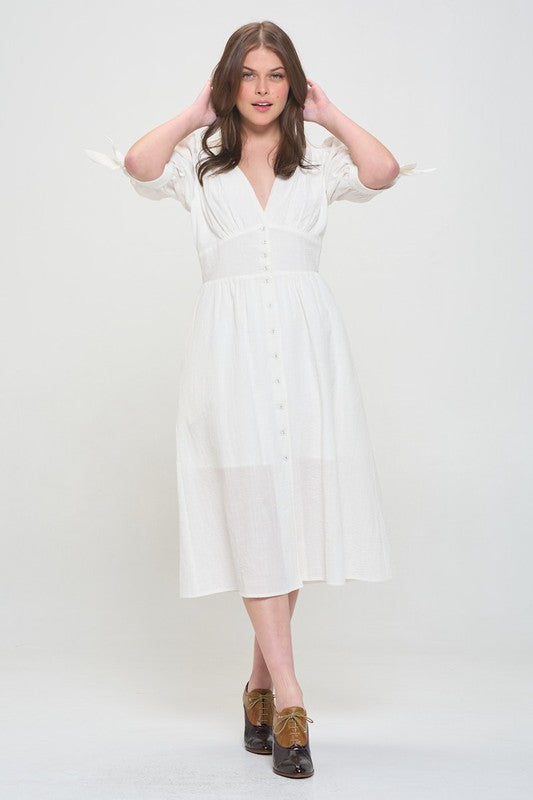 Stacey B's Plus 3/4 Puff SLV Textured Button Down Midi Dress