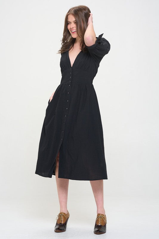 Stacey B's Plus 3/4 Puff SLV Textured Button Down Midi Dress