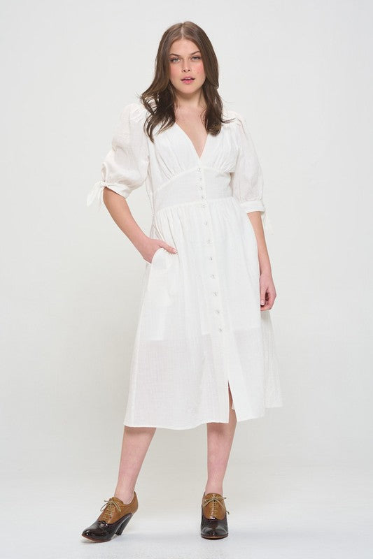 Stacey B's Plus 3/4 Puff SLV Textured Button Down Midi Dress