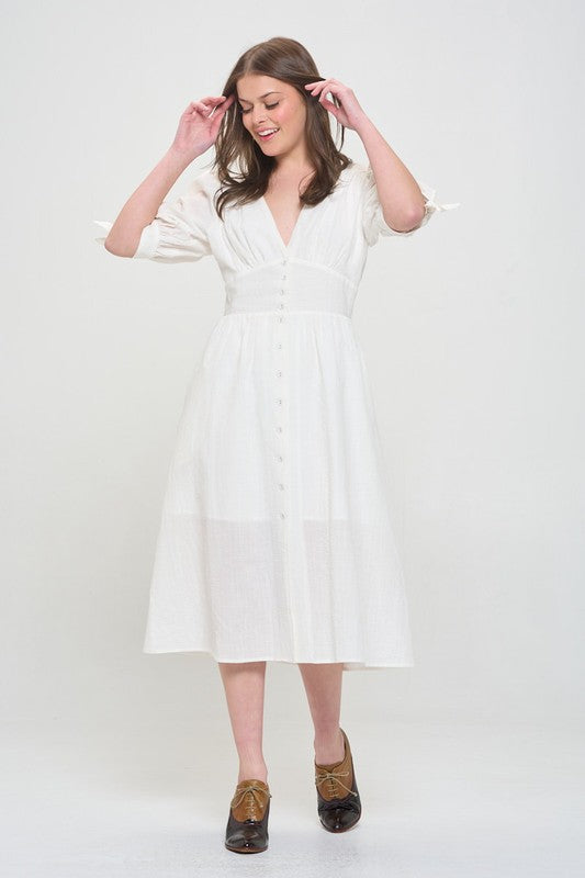 Stacey B's Plus 3/4 Puff SLV Textured Button Down Midi Dress