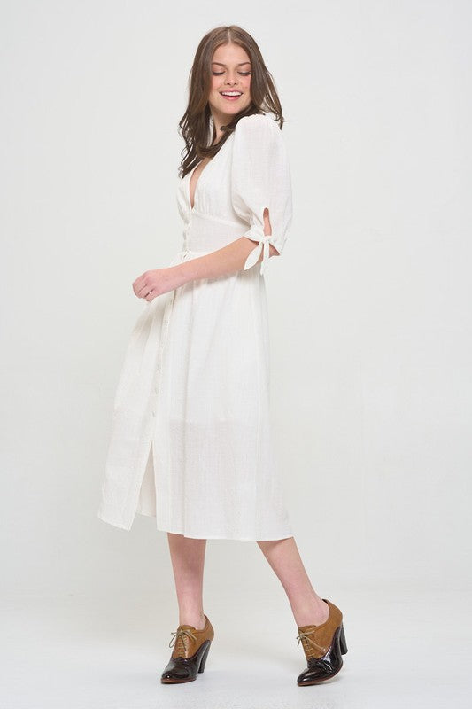 Stacey B's Plus 3/4 Puff SLV Textured Button Down Midi Dress