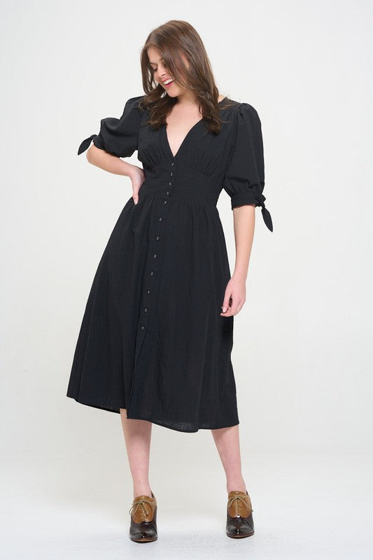 Stacey B's Plus 3/4 Puff SLV Textured Button Down Midi Dress