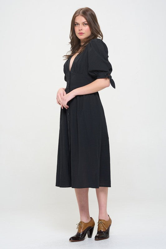 Stacey B's Plus 3/4 Puff SLV Textured Button Down Midi Dress