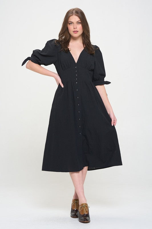 Stacey B's Plus 3/4 Puff SLV Textured Button Down Midi Dress