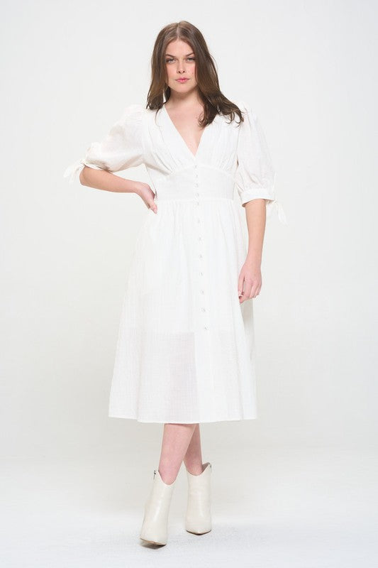 Stacey B's Plus 3/4 Puff SLV Textured Button Down Midi Dress