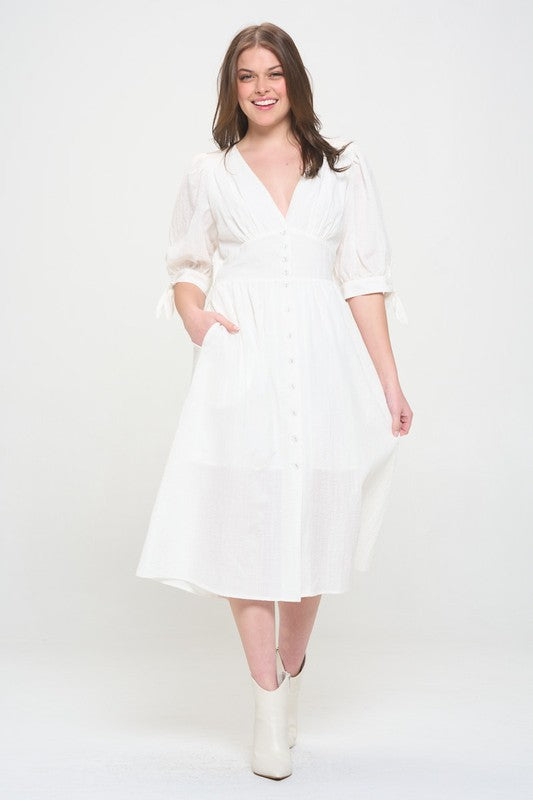 Stacey B's Plus 3/4 Puff SLV Textured Button Down Midi Dress