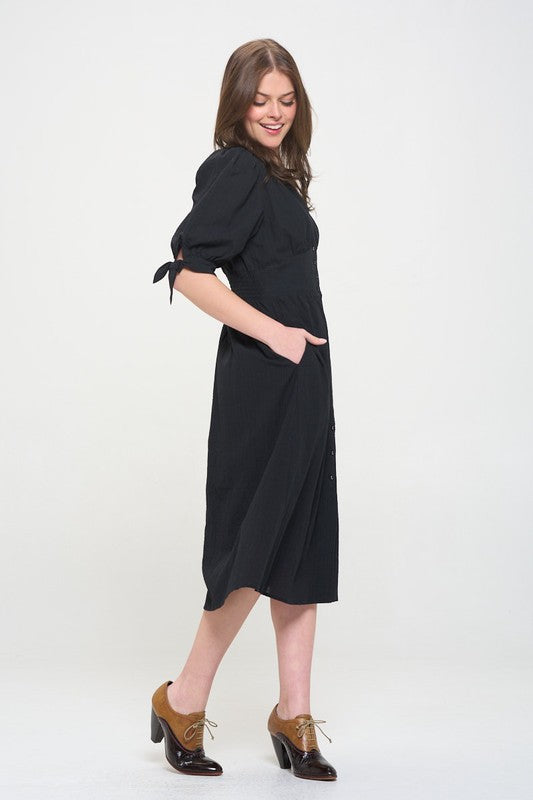 Stacey B's Plus 3/4 Puff SLV Textured Button Down Midi Dress