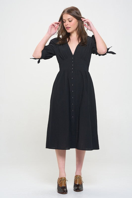 Stacey B's Plus 3/4 Puff SLV Textured Button Down Midi Dress