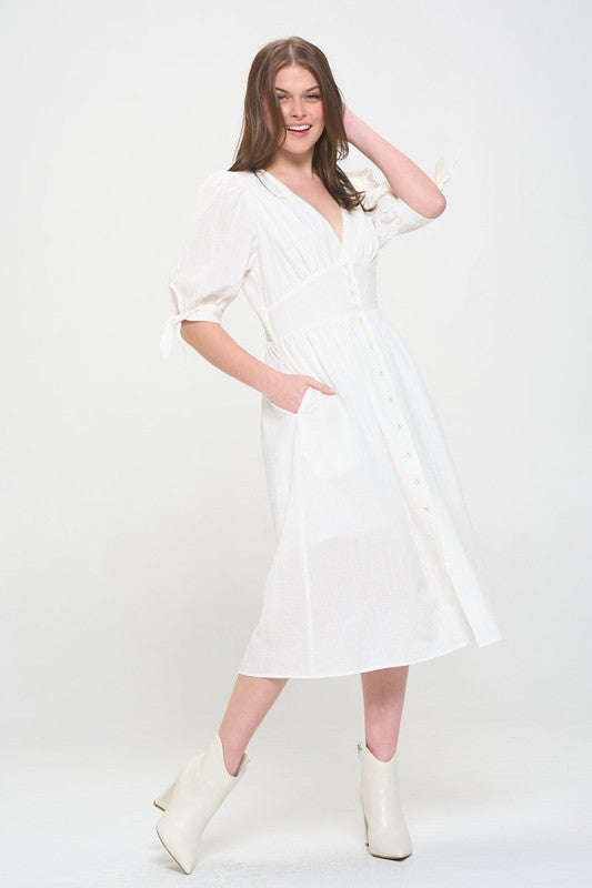 Stacey B's Plus 3/4 Puff SLV Textured Button Down Midi Dress