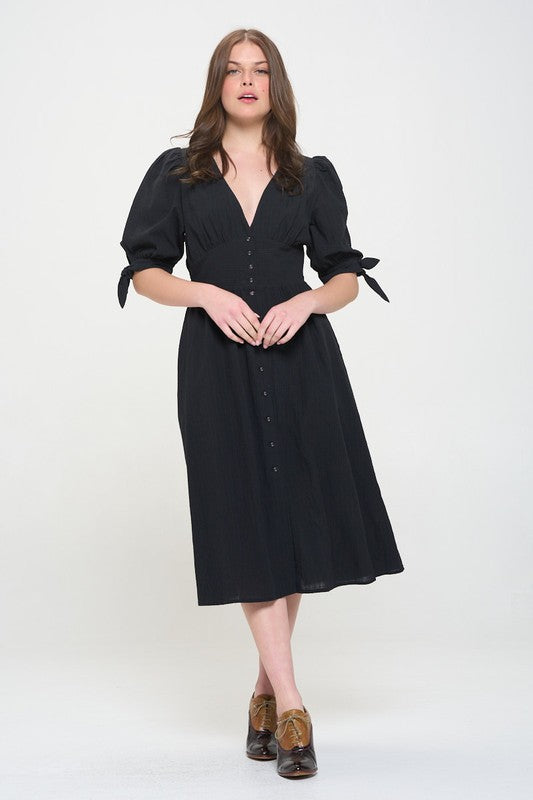 Stacey B's Plus 3/4 Puff SLV Textured Button Down Midi Dress