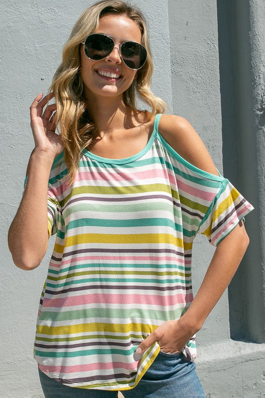 Stacey B's Plus  Multistripe Cold Shoulder Top