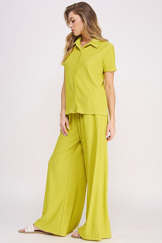 Stacey B's  Short SlV Button Down / Wide Leg Pants Set