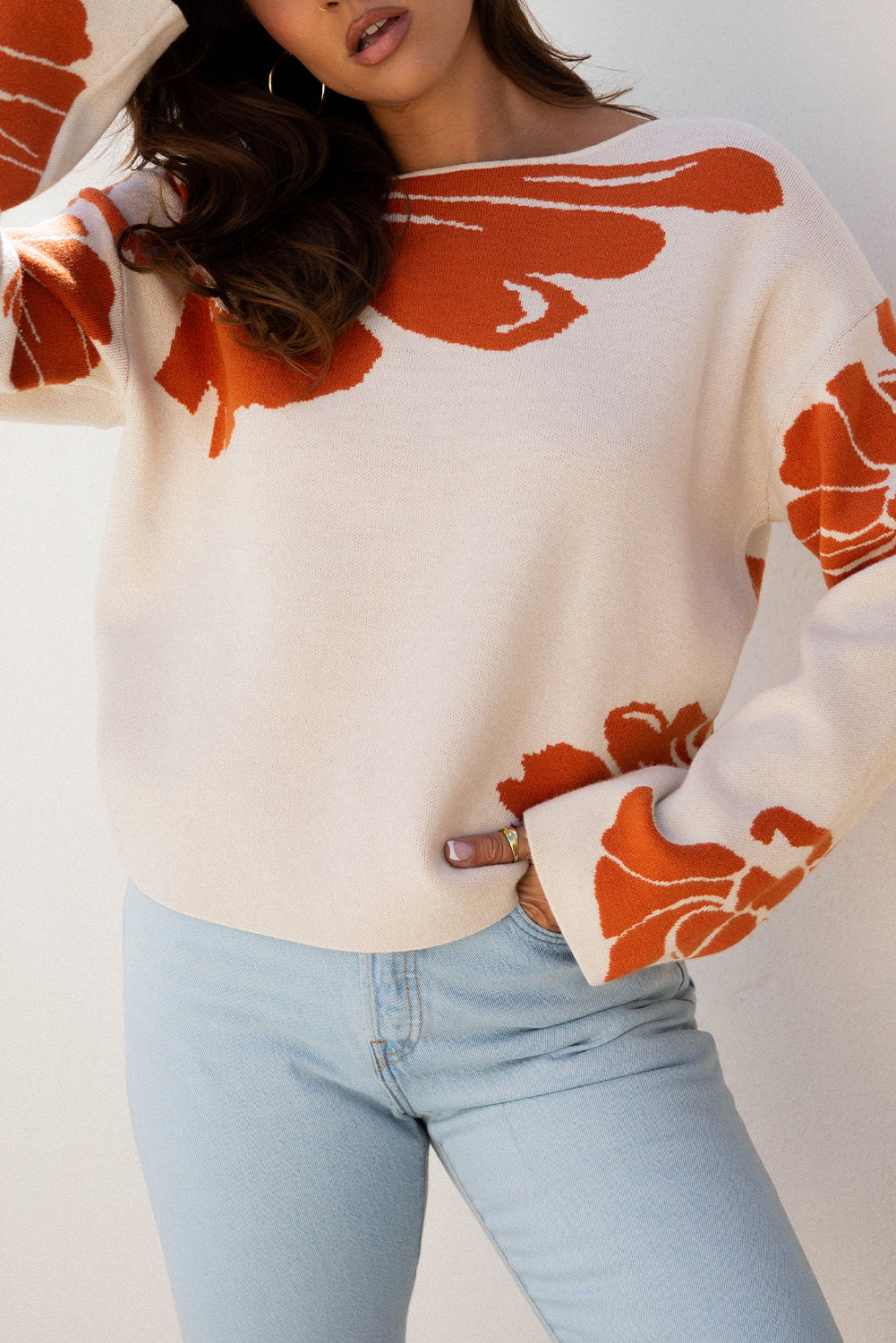 Stacey B's Beige Bold Flower Pattern Wide Sleeve Baggy Sweater