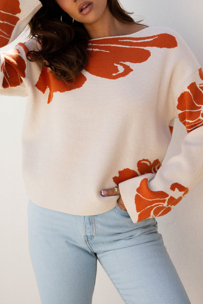 Stacey B's Beige Bold Flower Pattern Wide Sleeve Baggy Sweater