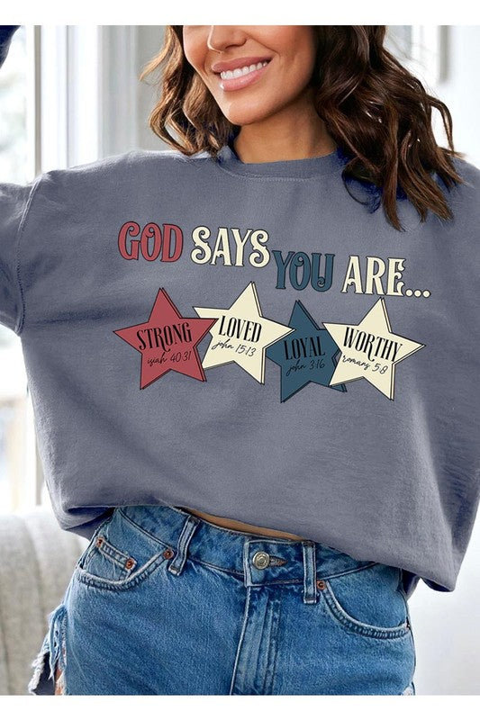 Stacey B's God Strong Loved Oversized Graphic Sweatshirts