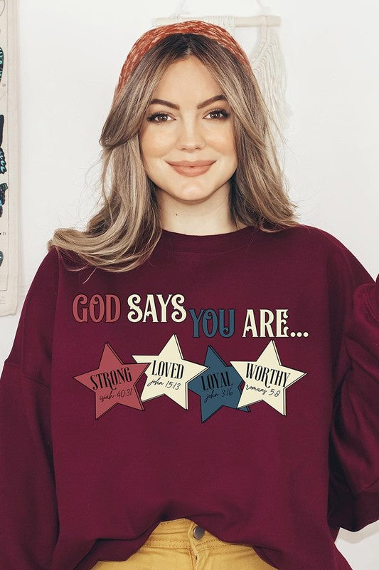 Stacey B's God Strong Loved Oversized Graphic Sweatshirts