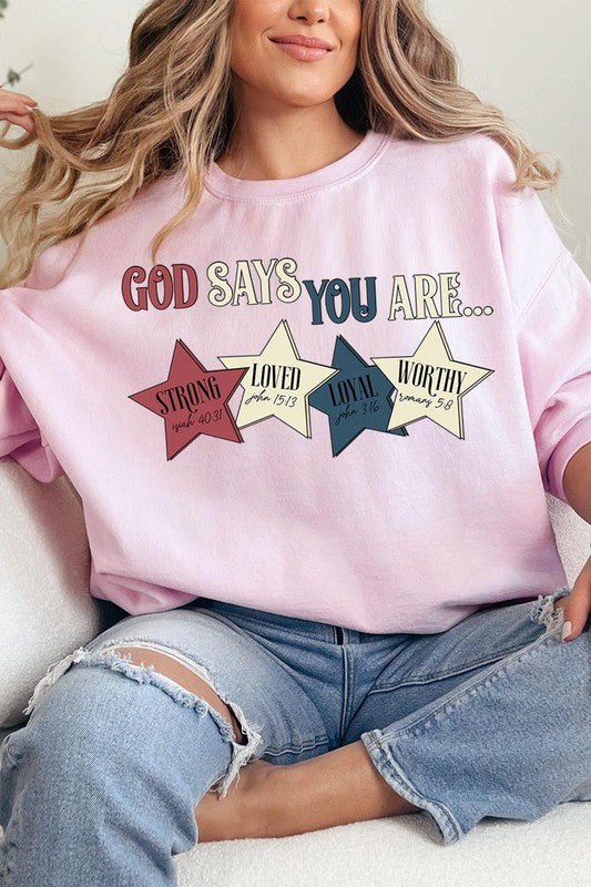 Stacey B's God Strong Loved Oversized Graphic Sweatshirts