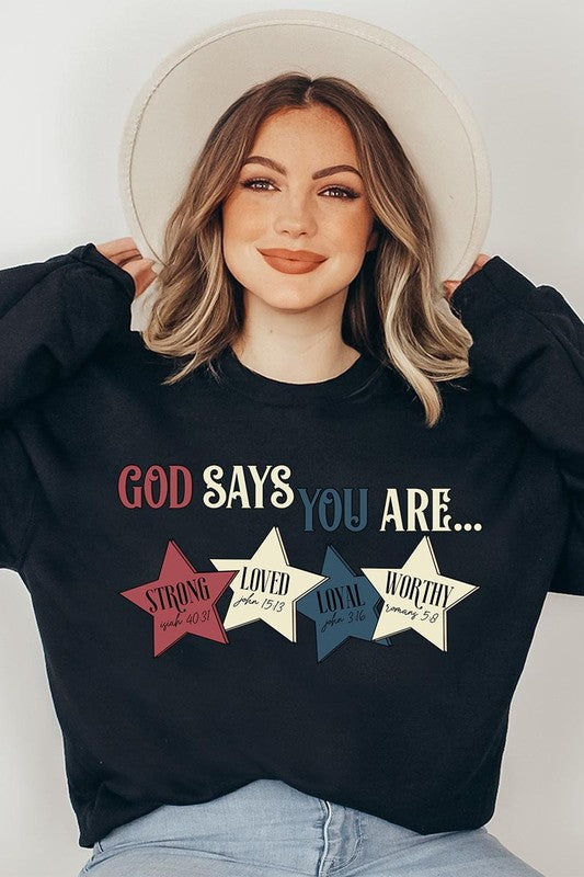 Stacey B's God Strong Loved Oversized Graphic Sweatshirts