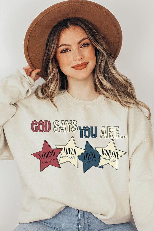 Stacey B's God Strong Loved Oversized Graphic Sweatshirts