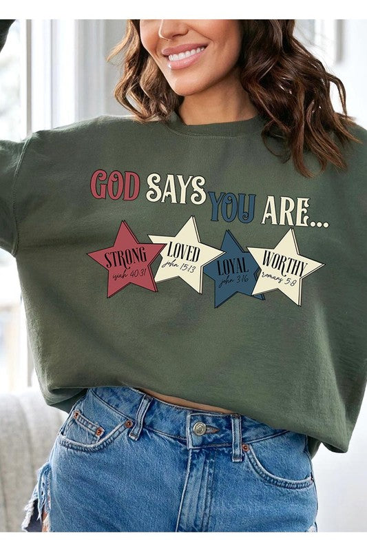 Stacey B's God Strong Loved Oversized Graphic Sweatshirts