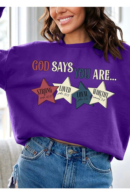 Stacey B's God Strong Loved Oversized Graphic Sweatshirts