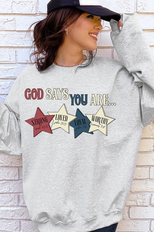 Stacey B's God Strong Loved Oversized Graphic Sweatshirts