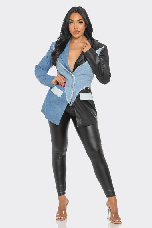 PLUS SIZE Edgy Denim and Leather Patchwork Blazer