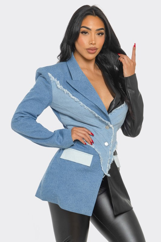 PLUS SIZE Edgy Denim and Leather Patchwork Blazer