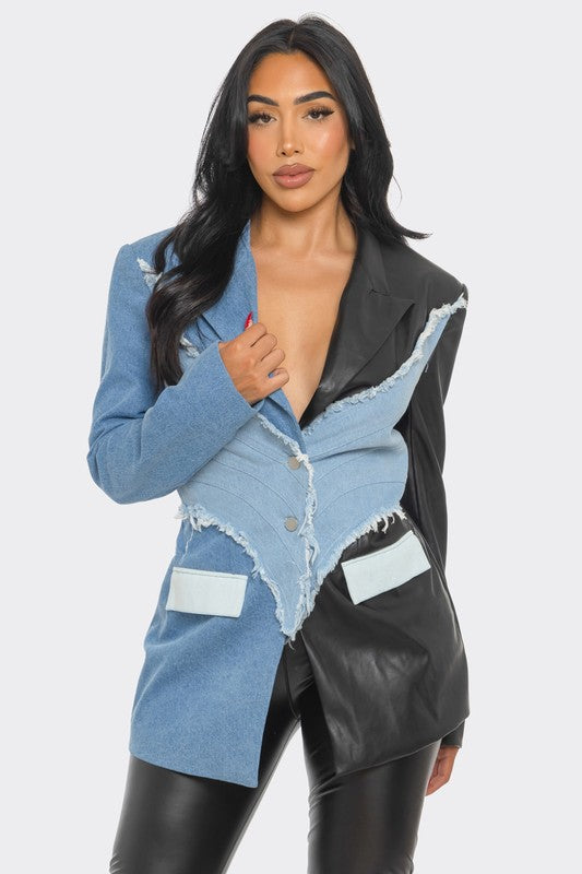 PLUS SIZE Edgy Denim and Leather Patchwork Blazer