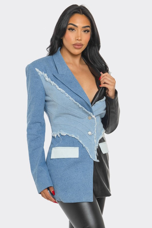 PLUS SIZE Edgy Denim and Leather Patchwork Blazer